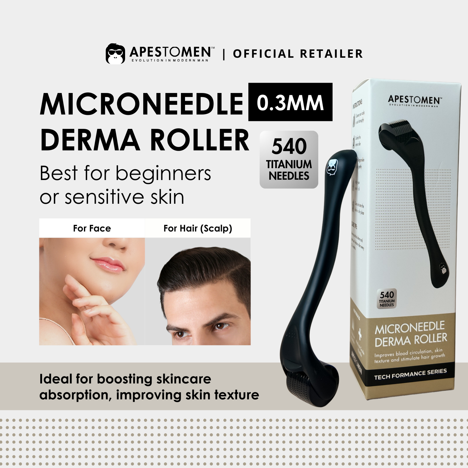 Apestomen Derma Roller Medical-Grade 540-Pin Titanium Derma Roller Mirconeedling Skin Rejuvenation & Beard, Hair Growth