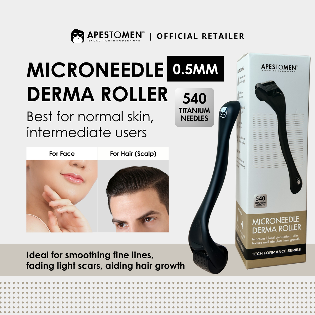 Apestomen Derma Roller Medical-Grade 540-Pin Titanium Derma Roller Microneedling Skin Rejuvenation & Beard, Hair Growth
