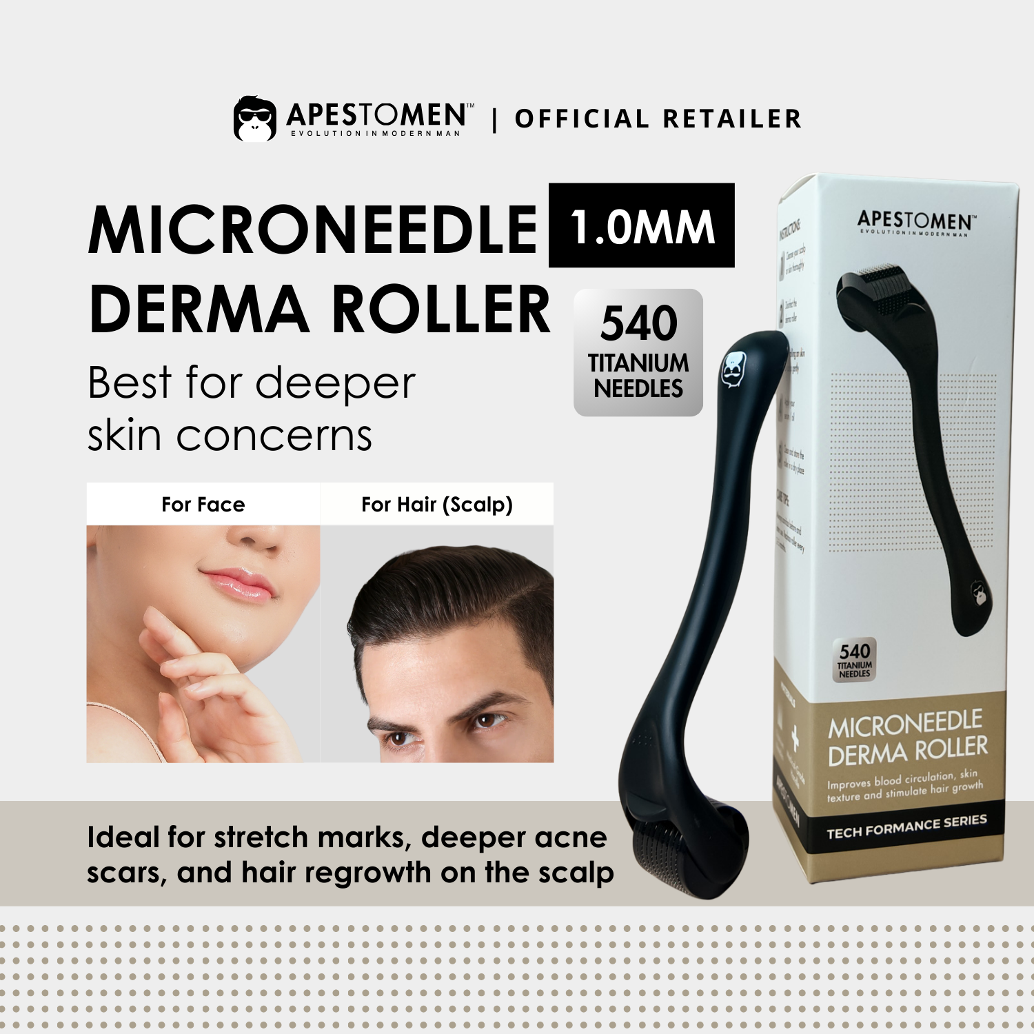 Apestomen Derma Roller Medical-Grade 540-Pin Titanium Derma Roller Mirconeedling Skin Rejuvenation & Beard, Hair Growth